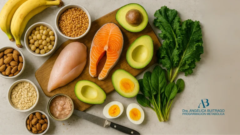 Alimentos saludables ricos en proteínas y grasas buenas, como salmón, pollo, aguacate, huevos, frutos secos, avena, banano y verduras verdes, sobre una mesa con el logo de la Dra. Angélica Buitrago Doctora Metabolismo