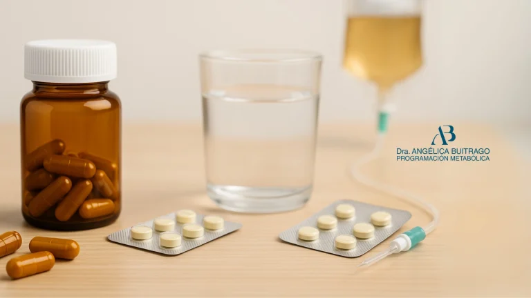 Tabletas, cápsulas y un suero médico junto a un vaso de agua sobre una mesa, con el logo de la Dra. Angélica Buitrago – Doctora metabolismo, representando tratamientos metabólicos y de sueroterapia