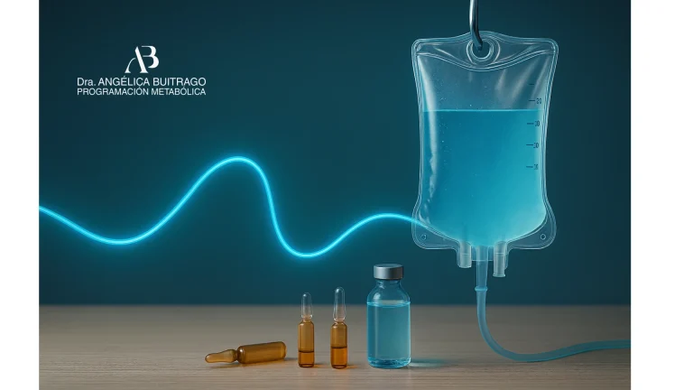 Bolsa de sueroterapia con líquido azul conectada a ampolletas y un frasco médico sobre una mesa, con el logo de la Dra. Angélica Buitrago – Doctora metabolismo representando tratamientos intravenosos con vitamina