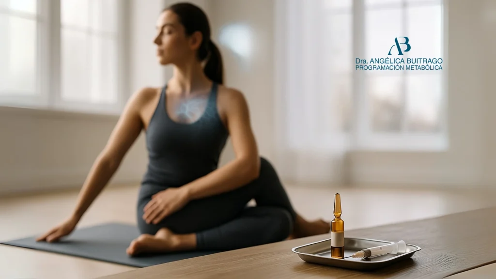 Mujer practicando yoga sobre una esterilla con una ampolleta y una jeringa en primer plano, representando bienestar físico y equilibrio, junto al logo de la Dra. Angélica Buitrago – Doctora Metabolismo.