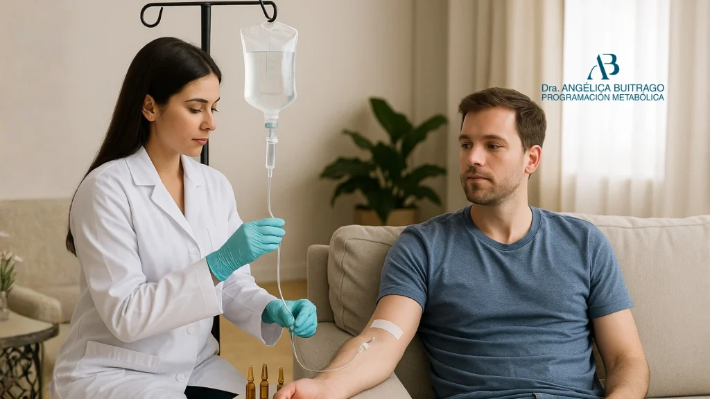 Médica aplicando sueroterapia a domicilio a un paciente en un sofá, representando bienestar y atención personalizada, junto al logo de la Dra. Angélica Buitrago – Doctora Metabolismo.