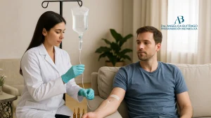 Médica aplicando sueroterapia a domicilio a un paciente en un sofá, representando bienestar y atención personalizada, junto al logo de la Dra. Angélica Buitrago – Doctora Metabolismo.