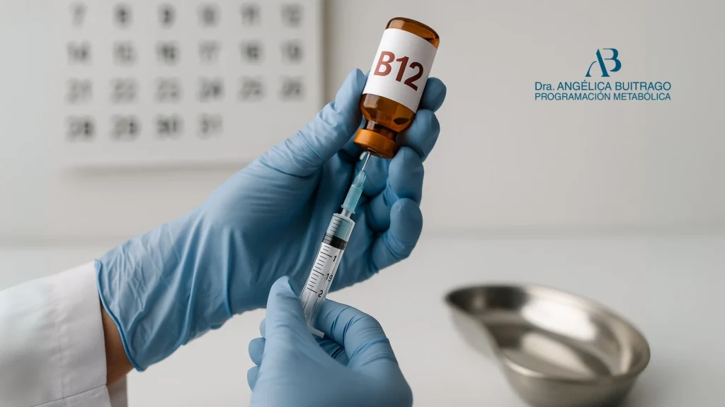 Manos con guantes médicos sostienen un frasco de vitamina B12 y cargan una jeringa con la solución inyectable. En el fondo se observa una bandeja metálica y el logotipo de la Dra. Angélica Buitrago, Doctora Metabolismo.