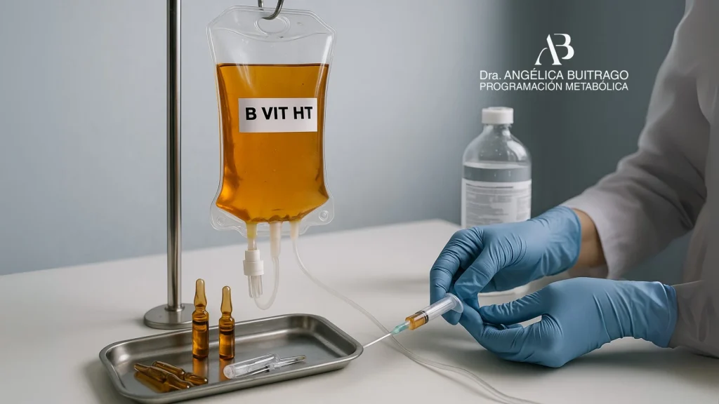 Bolsa de sueroterapia intravenosa con complejo B y nutrientes, preparada por personal médico con guantes azules en un entorno clínico. Marca Dra. Angélica Buitrago, Programación Metabólica.