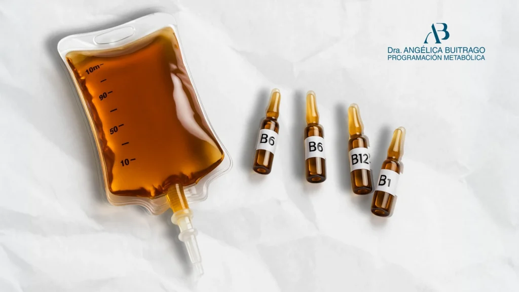 Bolsa de B Vit suero con vitaminas y ampolletas de complejo B (B6, B12 y B1) usadas en terapias intravenosas de sueroterapia, sobre fondo blanco con logo de Dra. Angélica Buitrago Programación Metabólica.