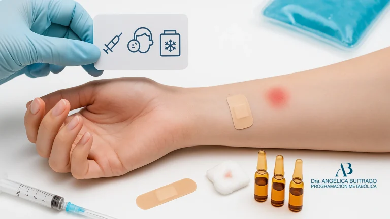 Brazo con enrojecimiento tras aplicación de inyección, acompañado de curitas, jeringa, ampolletas y una mano con guante sosteniendo una tarjeta con íconos médicos. En la esquina, logo de la Doctora Metabolismo.
