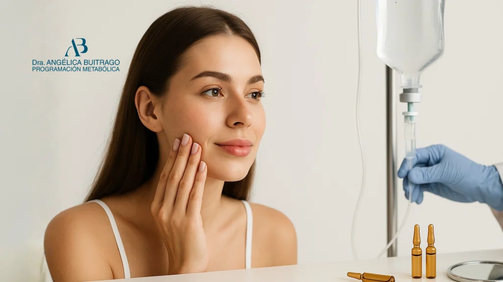 Mujer joven observando su piel mientras recibe sueroterapia facial con vitaminas, aplicada por personal médico. Marca Dra. Angélica Buitrago, sueroterapia y Programación Metabólica.