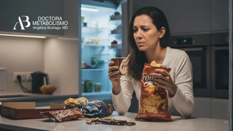 Mujer con ansiedad por comer alimentos ultraprocesados en la noche, reflejo de desequilibrios metabólicos, antojos emocionales y desregulación del apetito, concepto de salud y metabolismo por Doctora Metabolismo Angélica Buitrago.