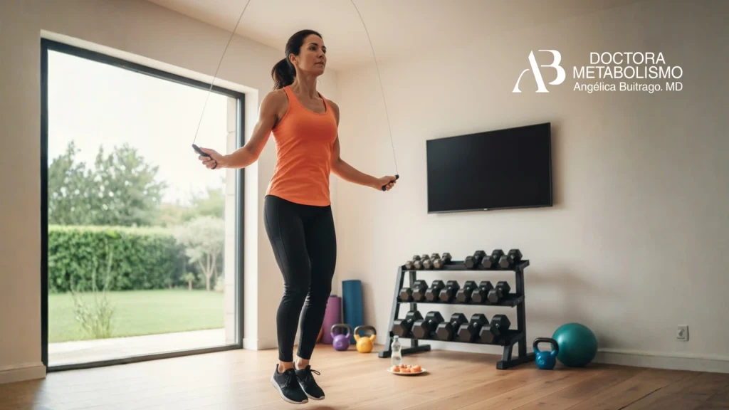 Mujer realizando ejercicio cardiovascular con cuerda en un espacio interior, como parte de un plan de salud y acelerar el metabolismo supervisado por la Doctora Angélica Buitrago.