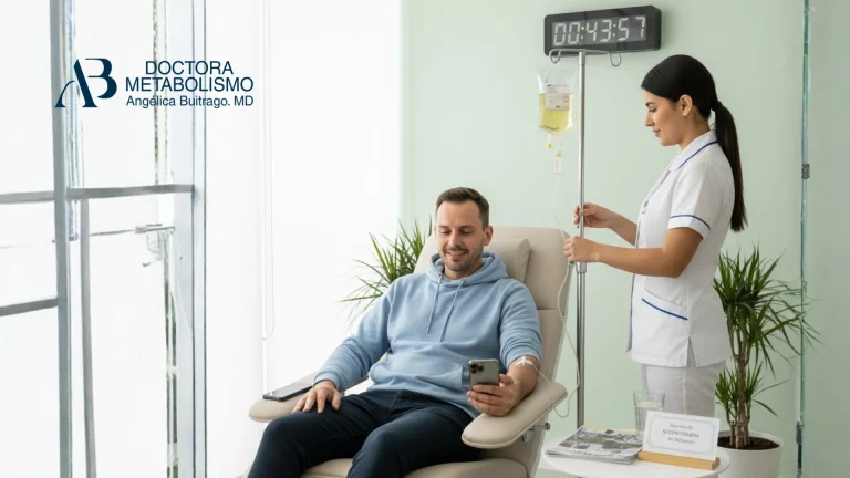 Paciente recibiendo sueroterapia intravenosa en consultorio médico, acompañado por personal de enfermería. Tratamiento supervisado por la Doctora Angélica Buitrago, especialista en metabolismo