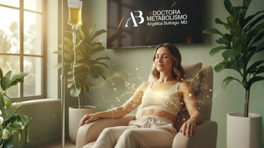 Mujer recibiendo sueroterapia vitaminada en un ambiente clínico relajado, con apoyo metabólico para energía y bienestar, supervisado por la Doctora Angélica Buitrago.
