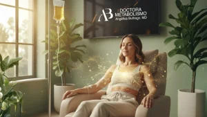 Mujer recibiendo sueroterapia vitaminada en un ambiente clínico relajado, con apoyo metabólico para energía y bienestar, supervisado por la Doctora Angélica Buitrago.