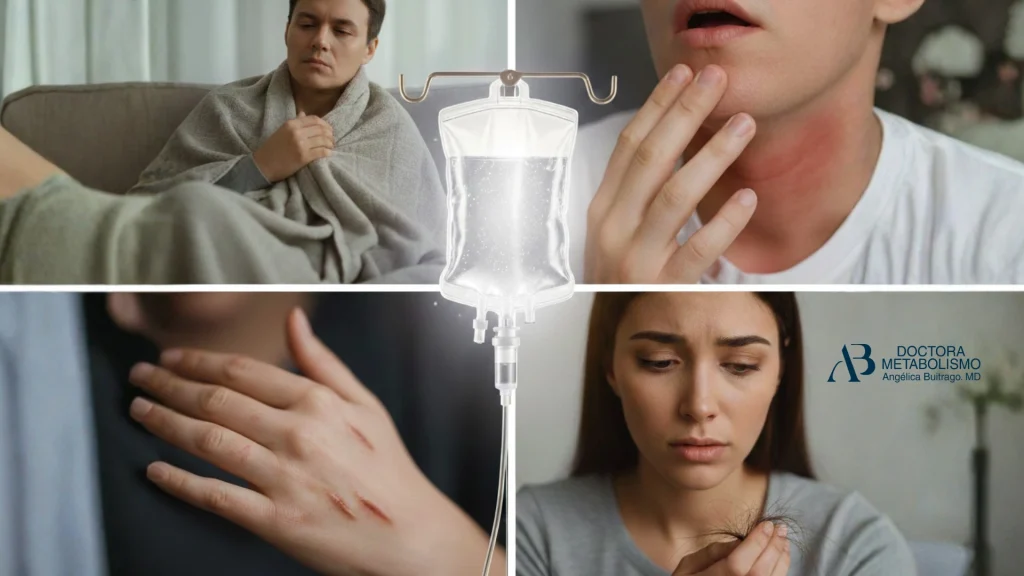 Collage con síntomas de defensas bajas como dolor de garganta, fatiga, caída del cabello y lesiones en la piel, relacionado con apoyo mediante sueroterapia defensas