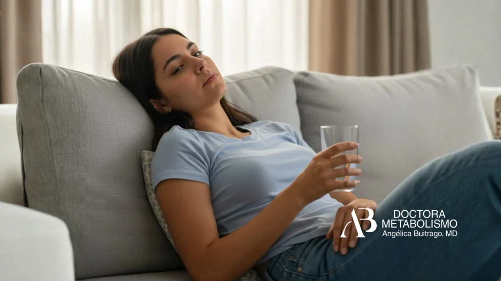 Mujer recostada en sofá con vaso de agua en la mano, reflejando cansancio o deshidratación, relacionada con hidratación intravenosa y sueroterapia.