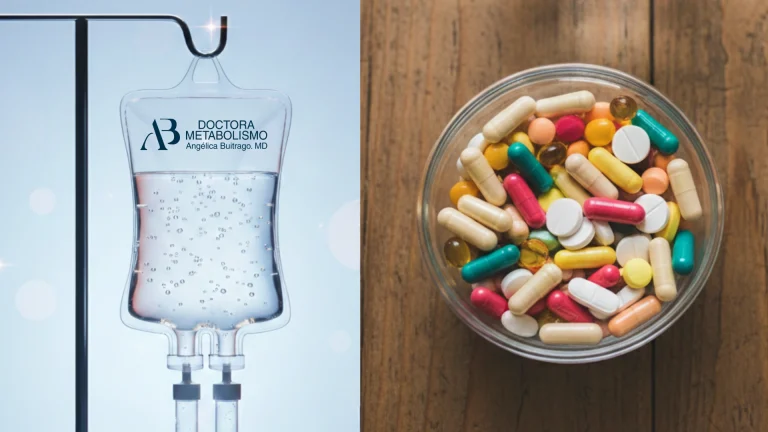 Comparación entre vitaminas endovenosas y vitaminas vía oral, mostrando bolsa de sueroterapia intravenosa y cápsulas de suplementos.