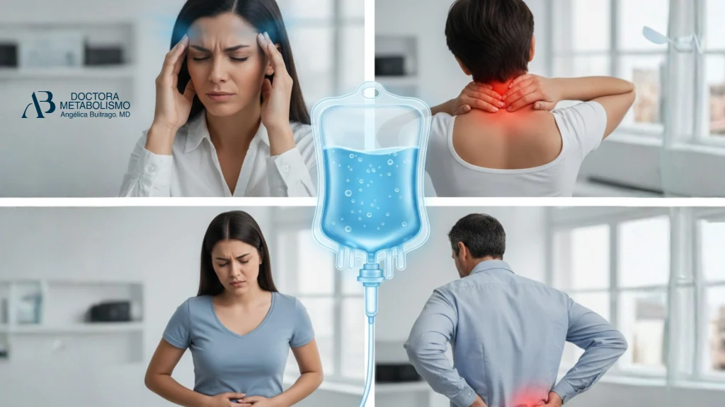 Collage de personas con dolor de cabeza, cuello, abdomen y espalda baja, acompañado de bolsa de suero como apoyo en tratamiento con dolores sueroterapia