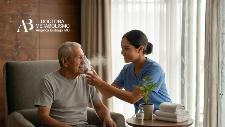 Paciente adulto mayor recibiendo nebulización suero fisiológico en casa, asistido por personal de salud como parte de atención respiratoria domiciliaria.