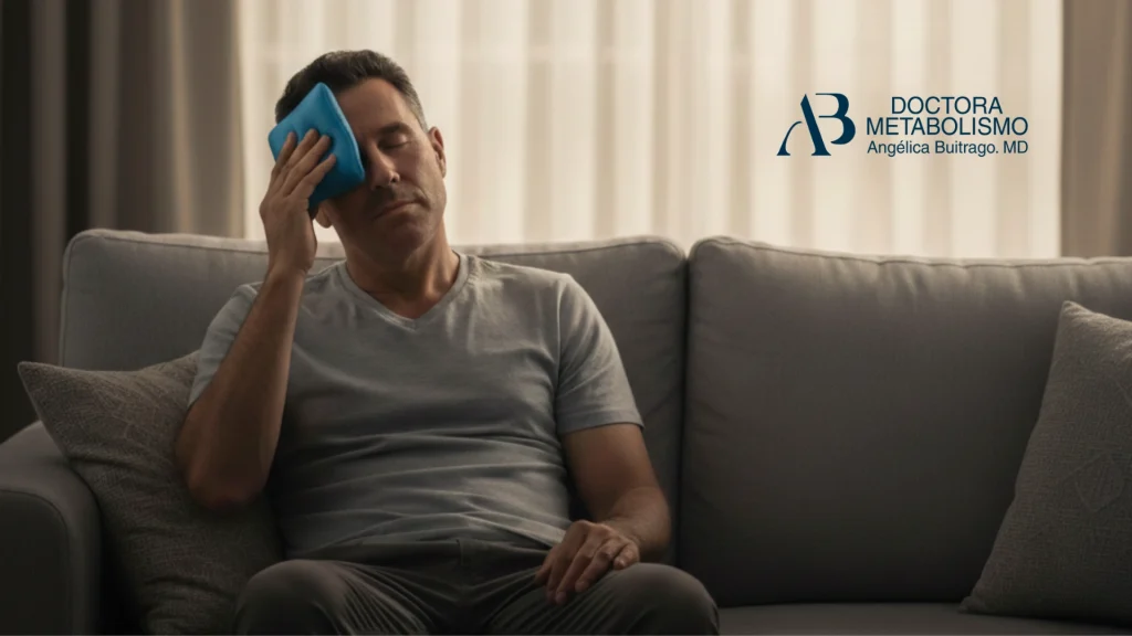 Suero migraña. Hombre con dolor de cabeza aplicando compresa fría en la frente, relacionado con migraña y tratamiento metabólico supervisado por la Doctora Angélica Buitrago.