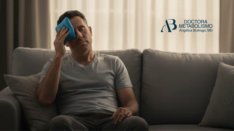 Suero migraña. Hombre con dolor de cabeza aplicando compresa fría en la frente, relacionado con migraña y tratamiento metabólico supervisado por la Doctora Angélica Buitrago.