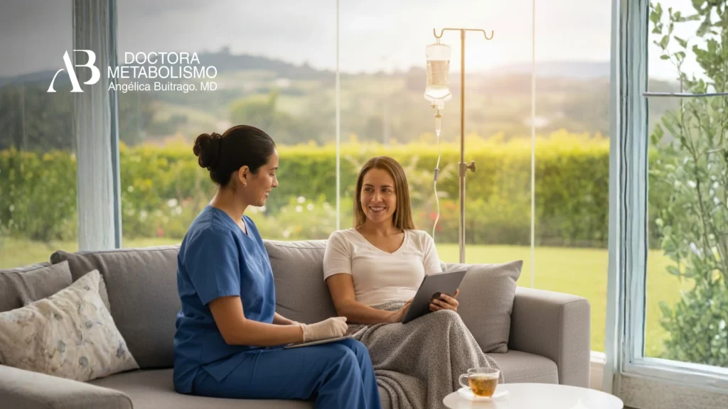 Consulta de sueroterapia a domicilio en Chía, paciente conversando con personal de salud antes de recibir tratamiento intravenoso supervisado por la Doctora Angélica Buitrago.