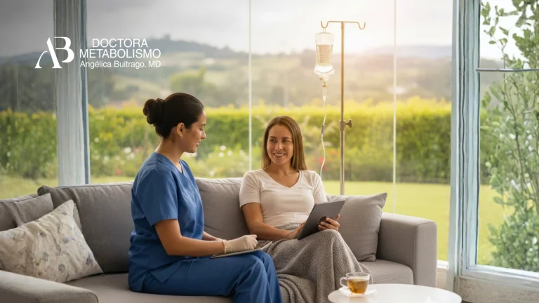 Consulta de sueroterapia a domicilio en Chía, paciente conversando con personal de salud antes de recibir tratamiento intravenoso supervisado por la Doctora Angélica Buitrago.