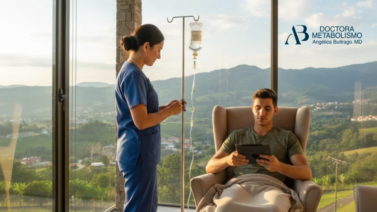 Paciente recibiendo sueroterapia a domicilio con vista natural en La Calera, acompañado por personal de salud. Tratamiento metabólico supervisado por la Doctora Angélica Buitrago.