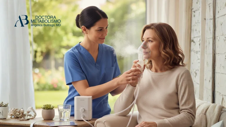 Paciente recibiendo terapia nebulizada en casa con acompañamiento de personal de salud, como parte de atención metabólica y respiratoria con sueroterapia nebulizada supervisada por la Doctora Angélica Buitrago.