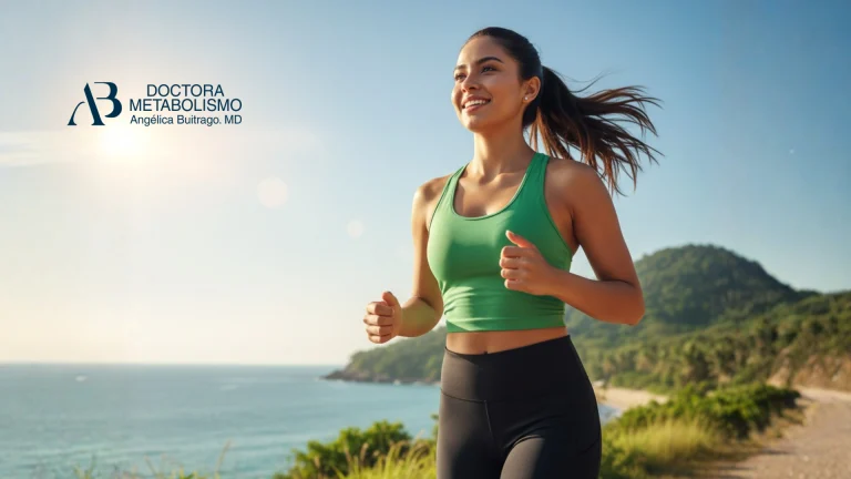 Mujer joven corriendo al aire libre frente al mar, reflejando vitalidad y energía asociada a sueroterapia energía para el rendimiento físico.