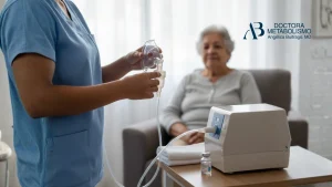 Personal de salud preparando equipo de nebulización para paciente adulto mayor en atención sueroterapia respiratoria domiciliaria.