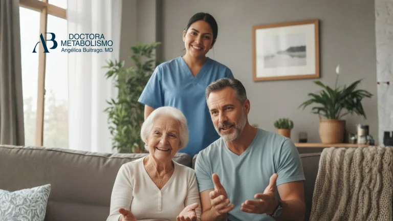 Testimonios de sueroterapia. Paciente adulto mayor acompañado por familiar y personal de salud en consulta domiciliaria de sueroterapia, supervisada por la Doctora Angélica Buitrago.