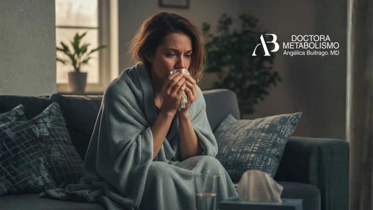 Mujer con síntomas gripales sentada en sofá, cubierta con manta y usando pañuelo, relacionada con refuerzo de defensas y vitamina C suero.