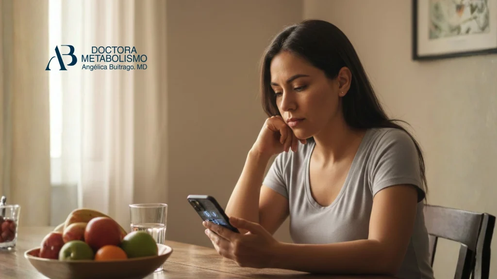 Mujer sentada en mesa con frutas y vaso de agua, mirando su celular con expresión preocupada, relacionada con síntomas y evaluación para terapia intravenosa.