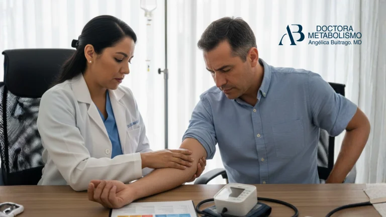 Evaluación médica previa a sueroterapia dolores, doctora revisando brazo de paciente y controlando signos vitales antes del tratamiento.