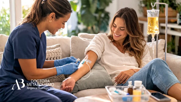 Aplicación sueros a domicilio. Profesional de salud aplicando sueroterapia intravenosa a paciente en casa con bolsa de suero y equipo médico.