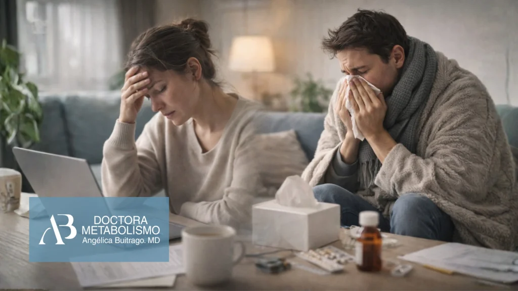 Personas con síntomas de gripa frecuente y estrés en casa, mostrando cansancio, congestión y malestar mientras trabajan o descansan.