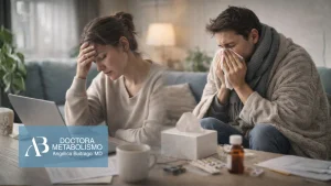 Personas con síntomas de gripa frecuente y estrés en casa, mostrando cansancio, congestión y malestar mientras trabajan o descansan.