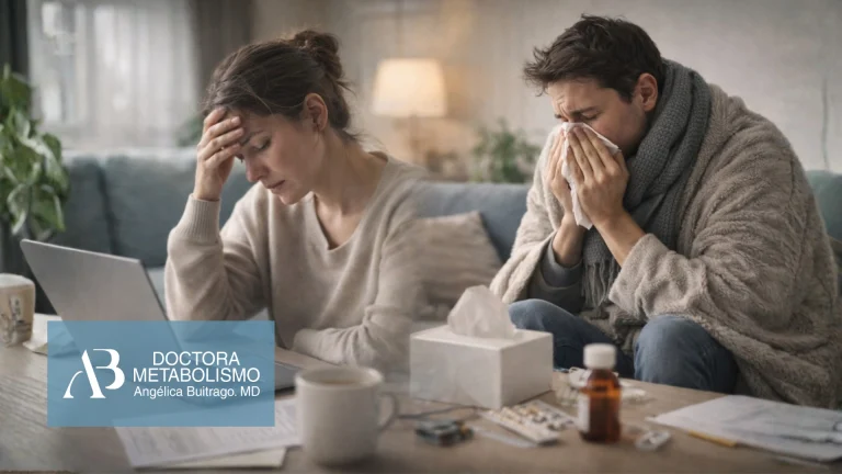 Personas con síntomas de gripa frecuente y estrés en casa, mostrando cansancio, congestión y malestar mientras trabajan o descansan.