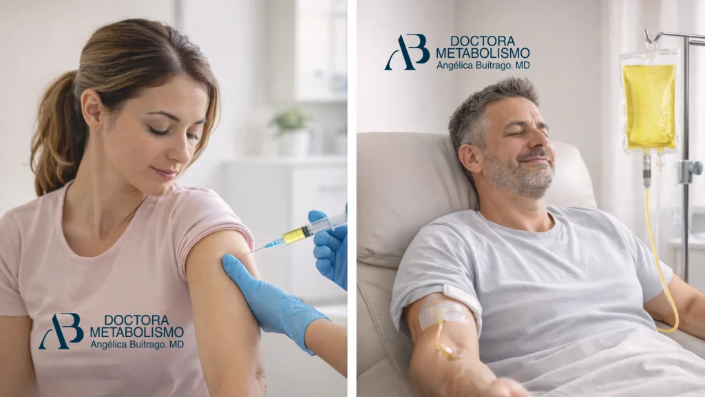 Multivitamínico inyectable. Comparación entre aplicación de multivitamínico intramuscular en el brazo y terapia intravenosa con suero vitaminado en paciente adulto.