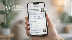Persona buscando en su celular sueroterapia cerca de mi a domicilio de Doctora Metabolismo en Google con opción de contacto por WhatsApp