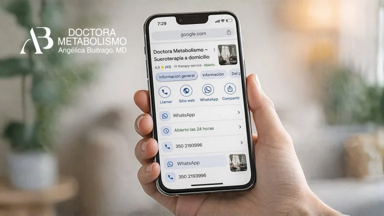 Persona buscando en su celular sueroterapia cerca de mi a domicilio de Doctora Metabolismo en Google con opción de contacto por WhatsApp