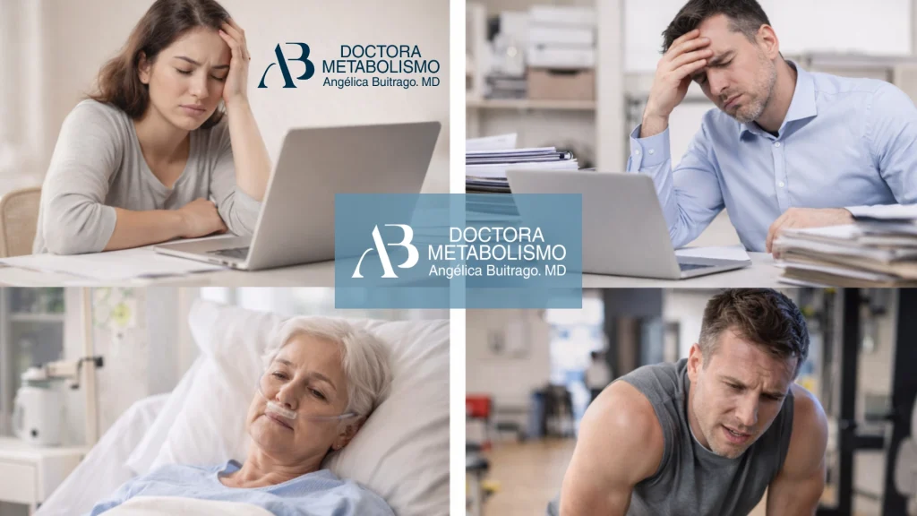 sueroterapia detox. Collage de personas con fatiga, estrés, enfermedad y cansancio físico, asociado a situaciones en las que la sueroterapia detox puede considerarse.