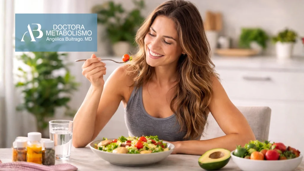 Mujer comiendo ensalada saludable en casa, asociada a hábitos de alimentación y apoyo metabólico relacionado con sueroterapia para bajar de peso.