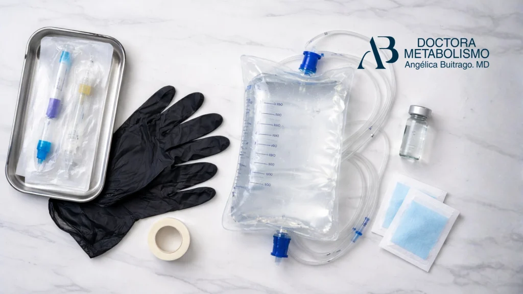 Equipo médico para sueroterapia con bolsa de suero intravenoso, jeringas, guantes, gasas y vial de medicamento. Sueroterapia precio en Colombia