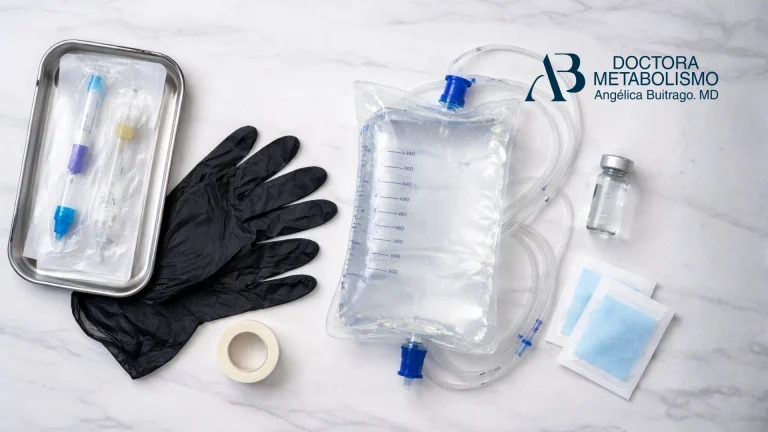 Equipo médico para sueroterapia con bolsa de suero intravenoso, jeringas, guantes, gasas y vial de medicamento. Sueroterapia precio en Colombia