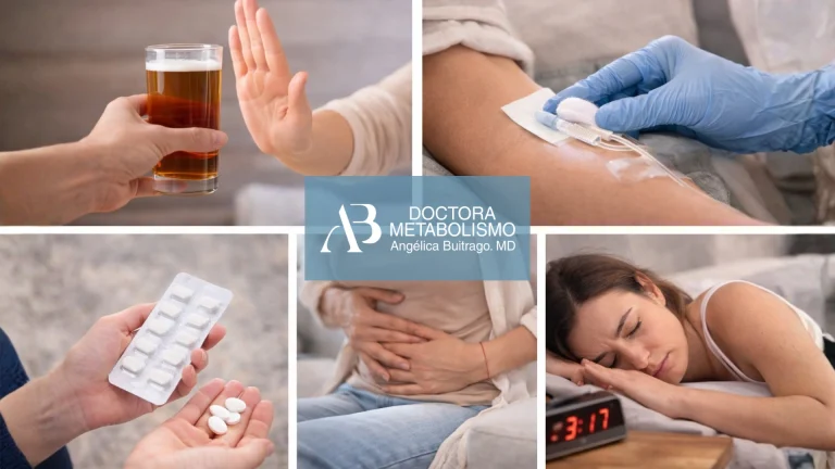 Collage con hábitos que deben evitarse después de una sueroterapia como consumo de alcohol, automedicación, molestias digestivas y falta de descanso.
