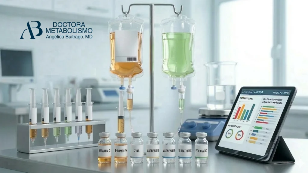 Equipo de sueroterapia con bolsas intravenosas y frascos de vitaminas como vitamina C, complejo B, zinc y magnesio utilizados en suero vitaminado