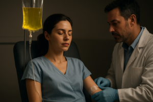 Paciente recibiendo sueroterapia personalizada con acompañamiento médico en consulta clínica de metabolismo y bienestar integral