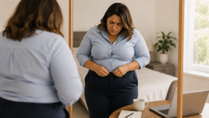 Mujer con sobrepeso intentando abrocharse un pantalón frente al espejo, reflejando dificultades para bajar de peso y la necesidad de una evaluación metabólica personalizada.