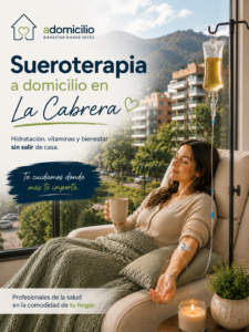 Sueroterapia a domicilio en La Cabrera con hidratación intravenosa, vitaminas y apoyo nutricional para recuperar energía, fortalecer el organismo y recibir atención médica desde casa.
