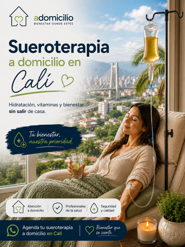 Sueroterapia a domicilio en Cali con hidratación intravenosa, vitaminas y apoyo nutricional para recuperar energía, fortalecer el sistema inmune y mejorar el bienestar desde casa.